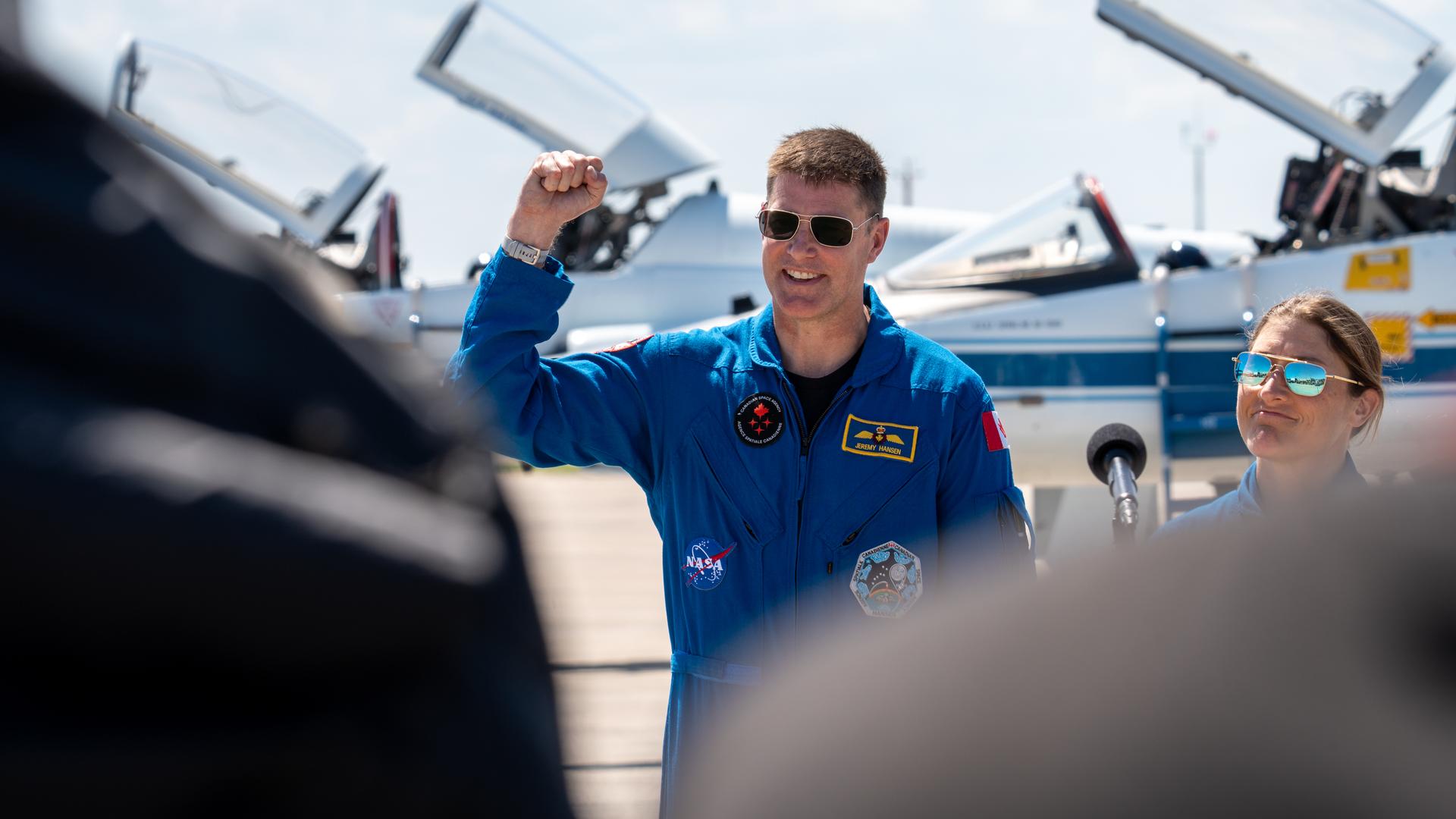 These images show the moments shortly after the arrival of the Artemis II crew to NASA’s Kennedy Space Center on March 27, 2026 ahead of the launch. The four astronauts, Victor Glover, Reid Wiseman, Christina Koch, and Jeremy Hansen, arrived on a T38, which can be seen behind them. They took turns speaking to the crowd as they also announced the zero-gravity indicator they would be taking with them on their journey.